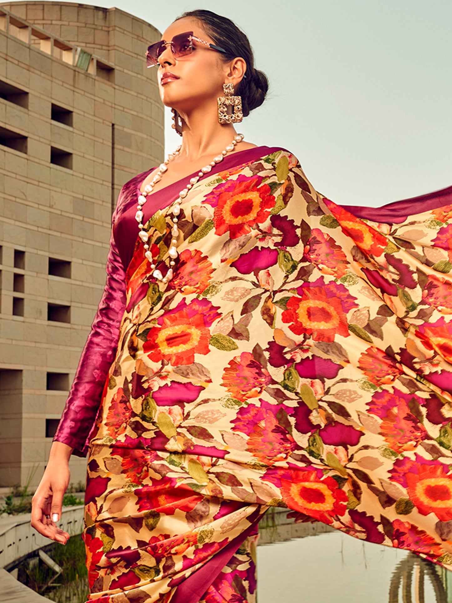 Women's Satin Silk Beige Printed Designer Saree With Blouse Piece