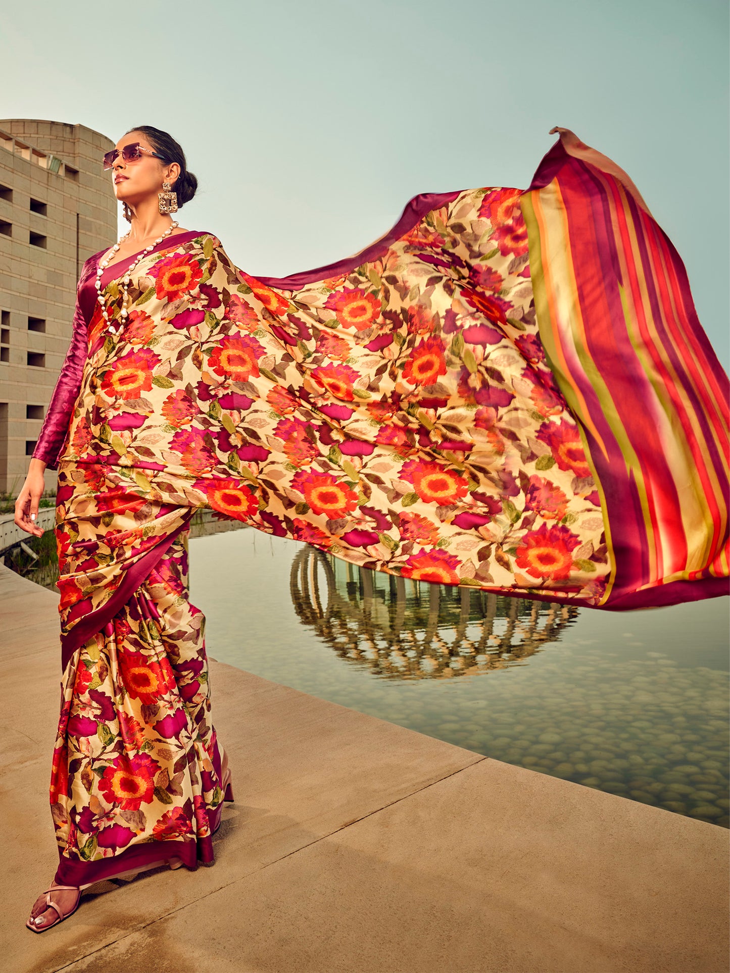 Women's Satin Silk Beige Printed Designer Saree With Blouse Piece