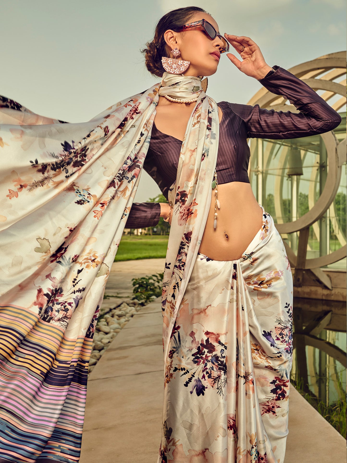 Women's Satin Silk Cream Printed Designer Saree With Blouse Piece