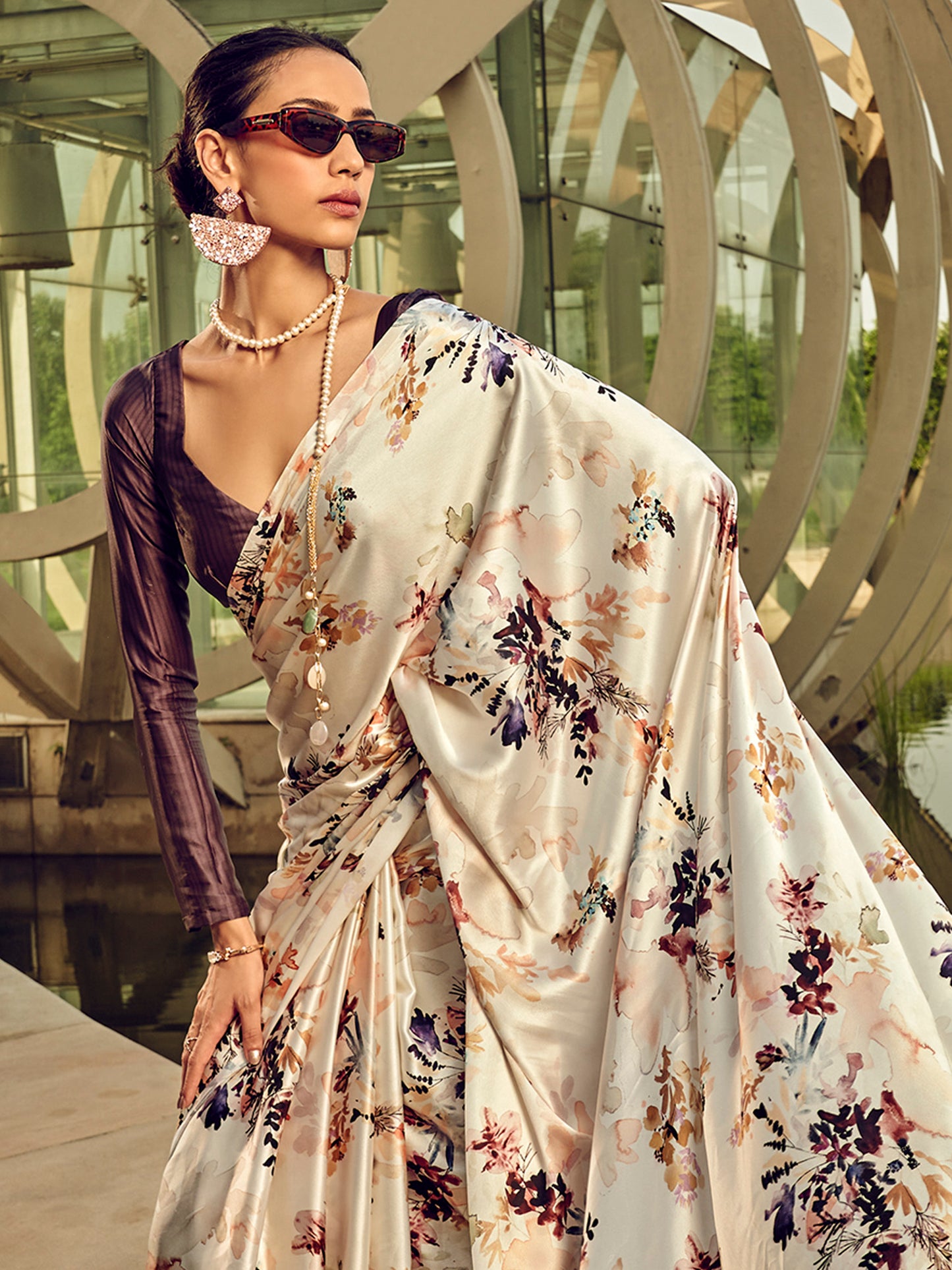 Women's Satin Silk Cream Printed Designer Saree With Blouse Piece