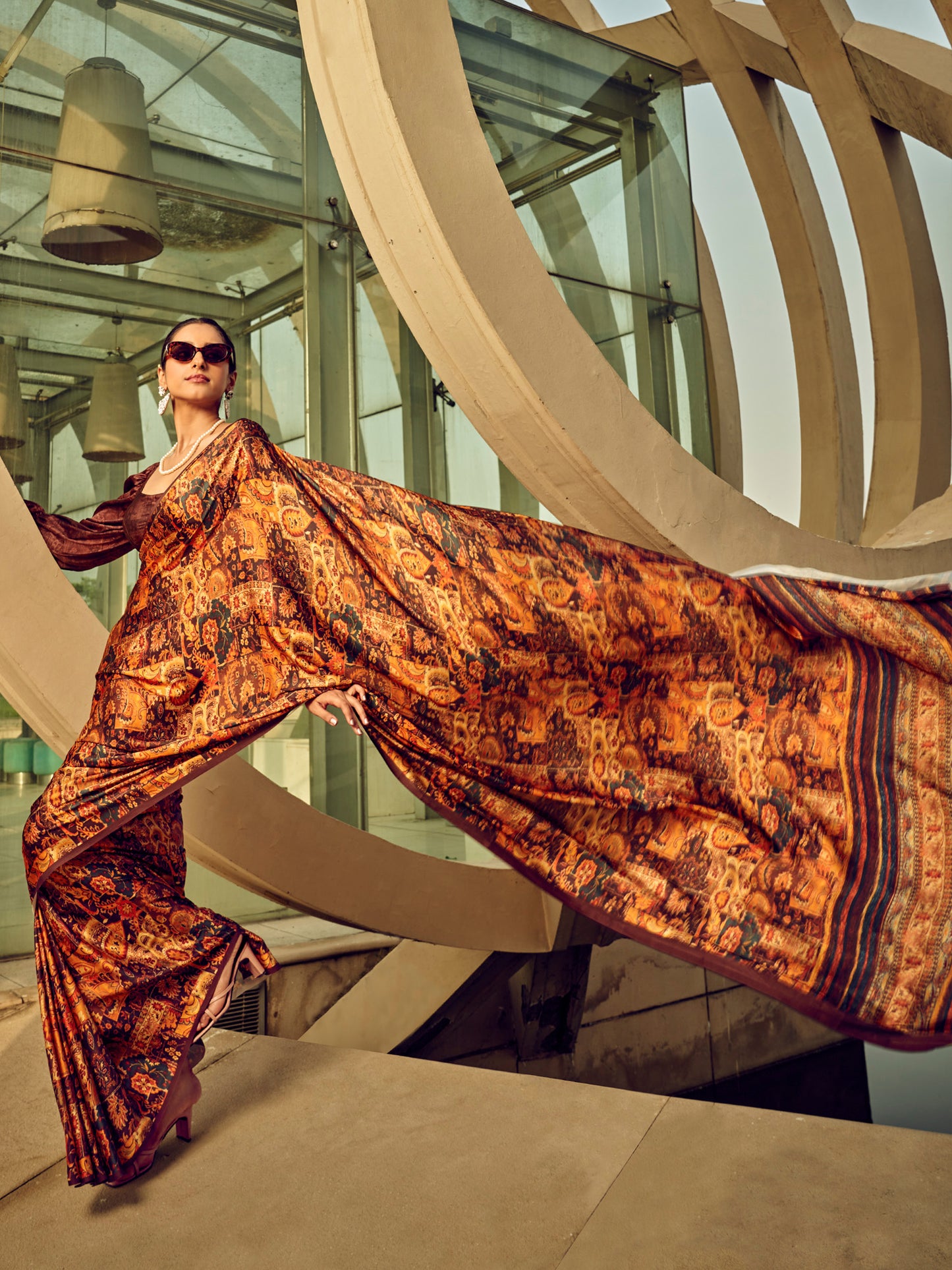 Women's Satin Silk Brown Printed Designer Saree With Blouse Piece