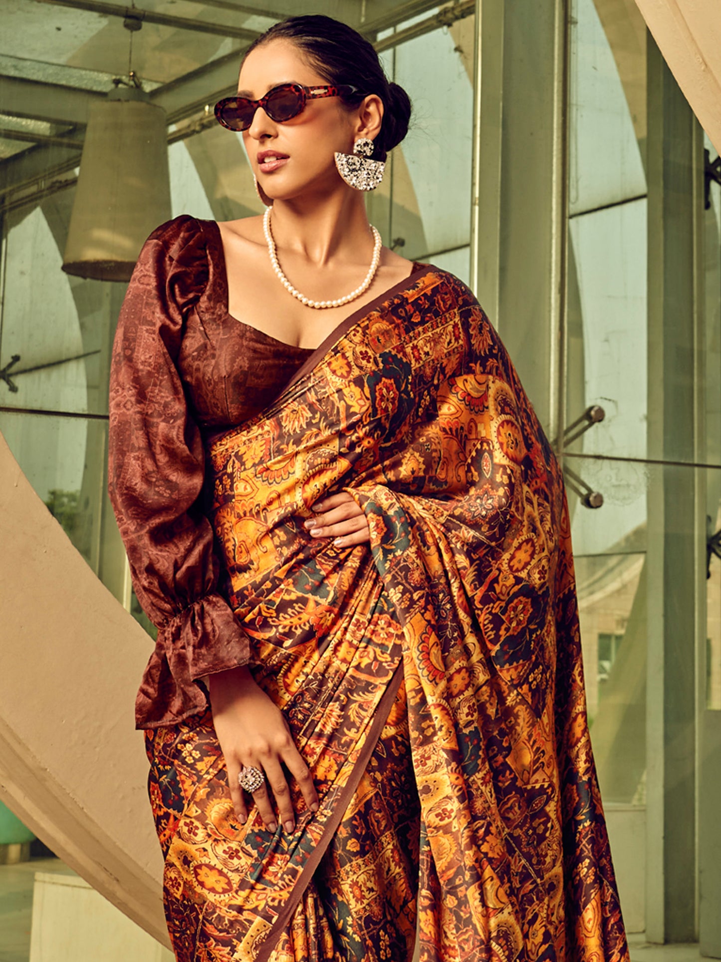 Women's Satin Silk Brown Printed Designer Saree With Blouse Piece