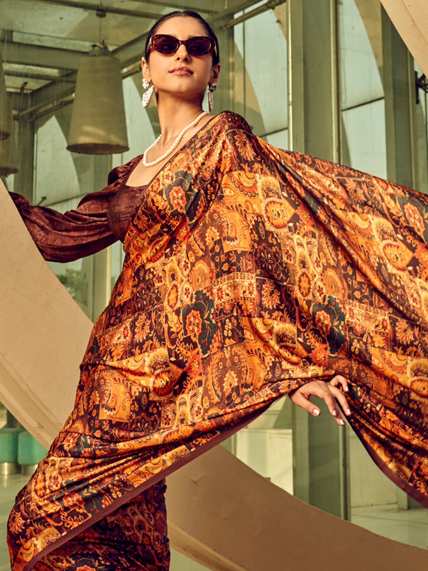 Women's Satin Silk Brown Printed Designer Saree With Blouse Piece
