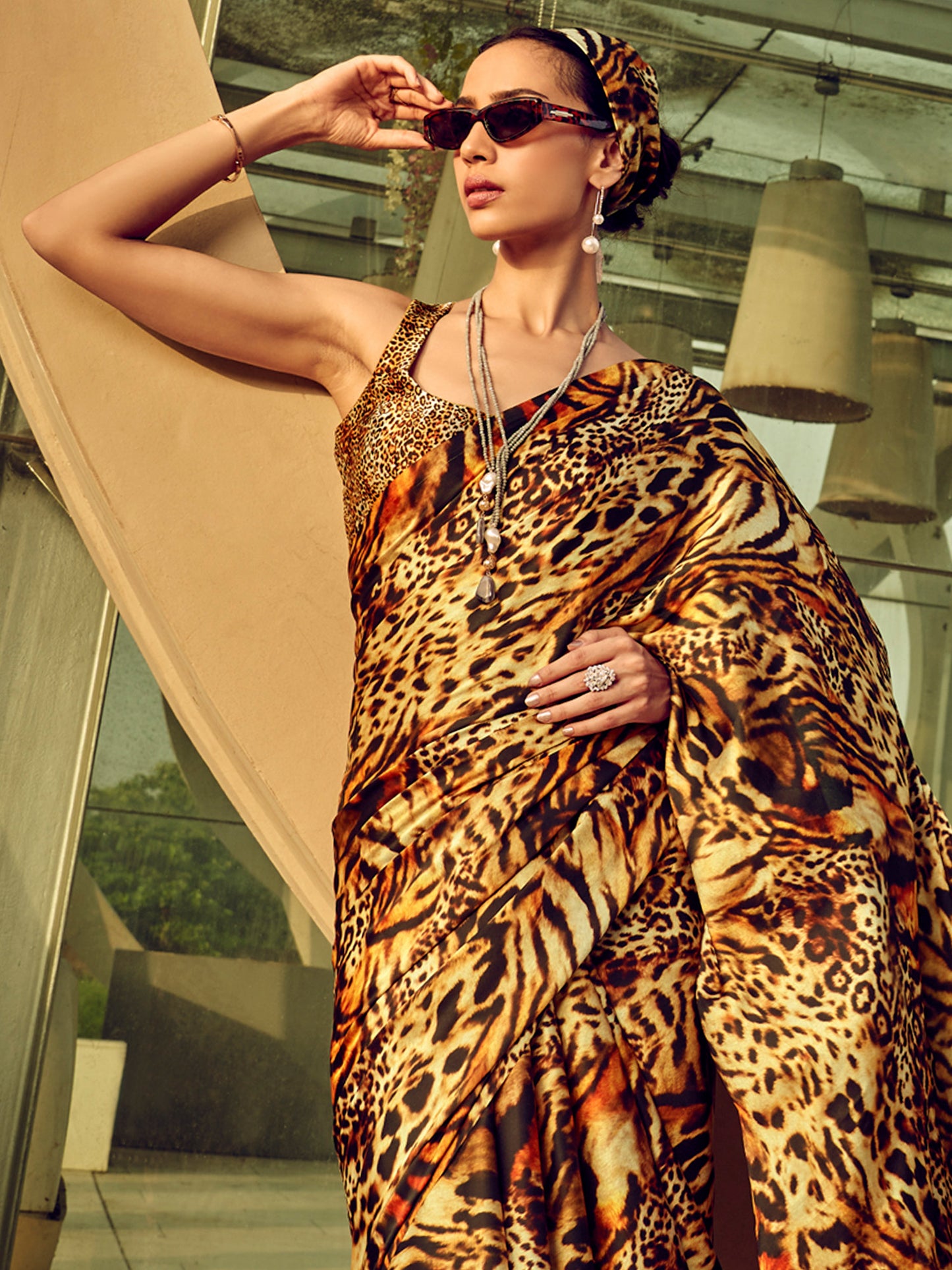 Women's Satin Silk Beige Printed Designer Saree With Blouse Piece