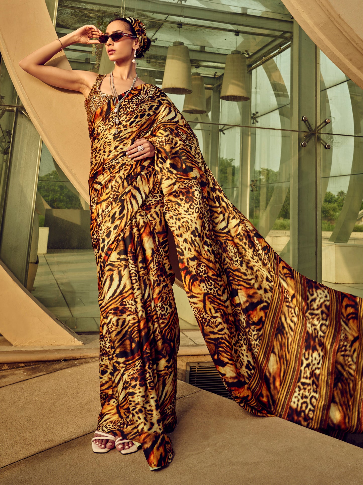 Women's Satin Silk Beige Printed Designer Saree With Blouse Piece