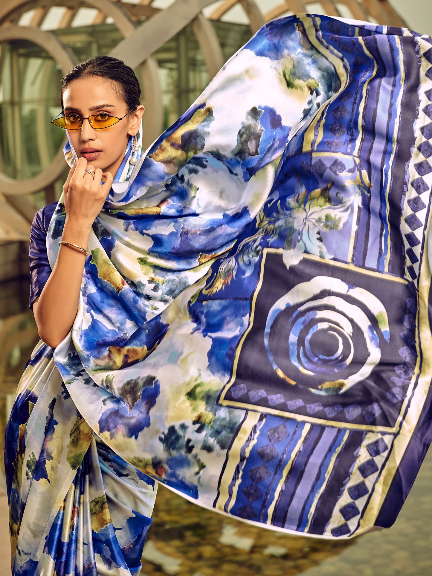 Women's Satin Silk Off White Printed Designer Saree With Blouse Piece
