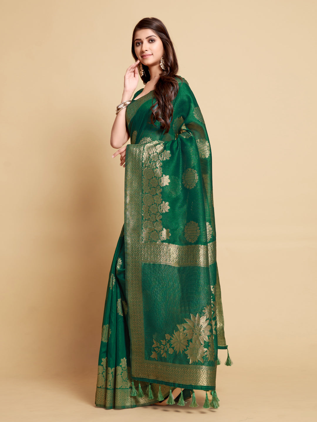 Dhiyona GR Women's Satrangi Leaf Green Zari Woven Design Linen Saree