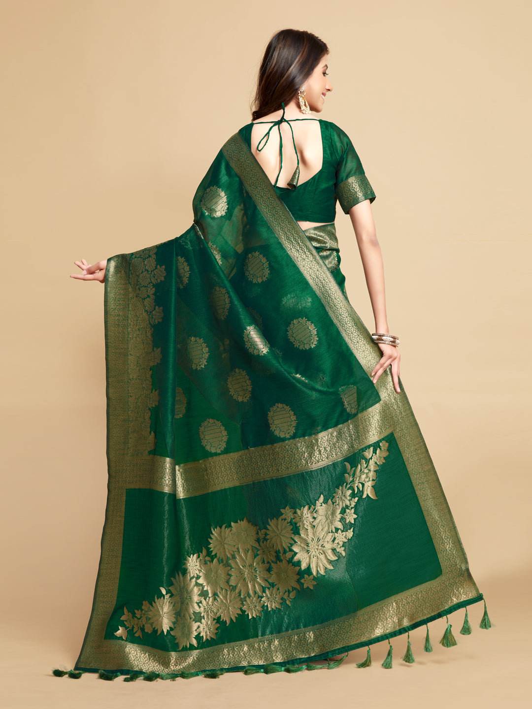 Dhiyona GR Women's Satrangi Leaf Green Zari Woven Design Linen Saree