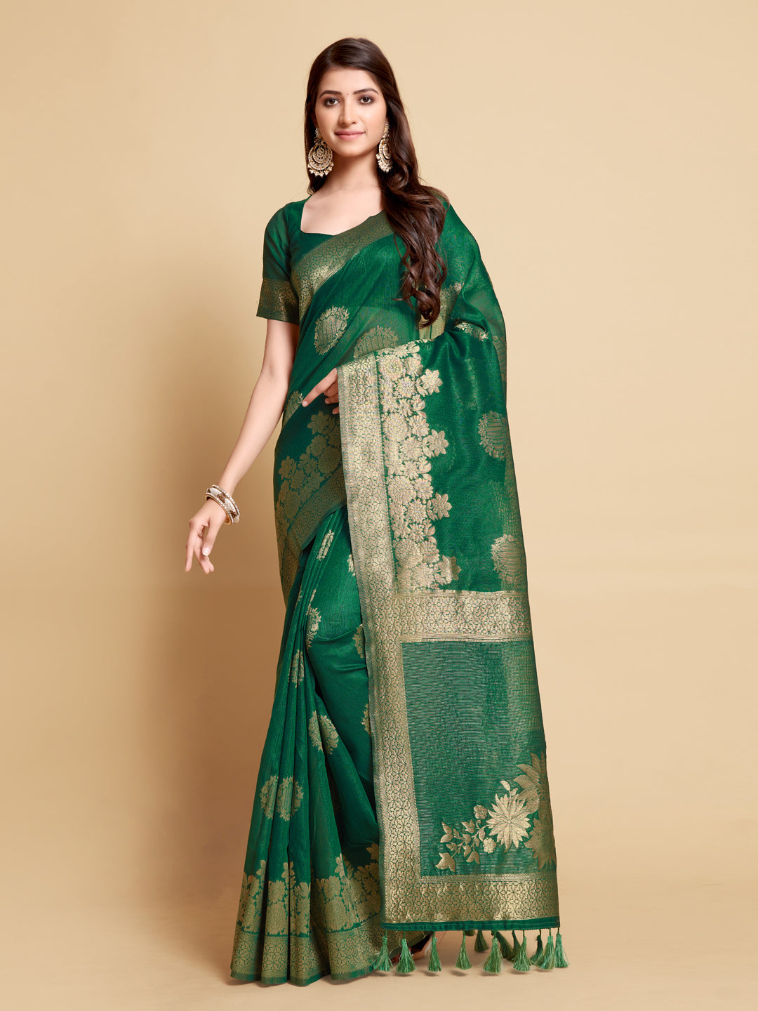 Dhiyona GR Women's Satrangi Leaf Green Zari Woven Design Linen Saree