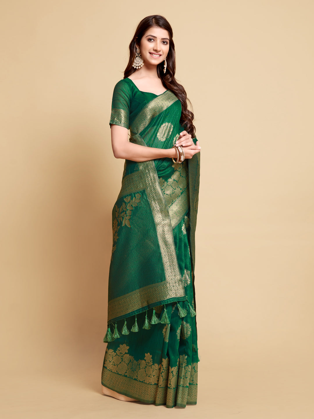 Dhiyona GR Women's Satrangi Leaf Green Zari Woven Design Linen Saree