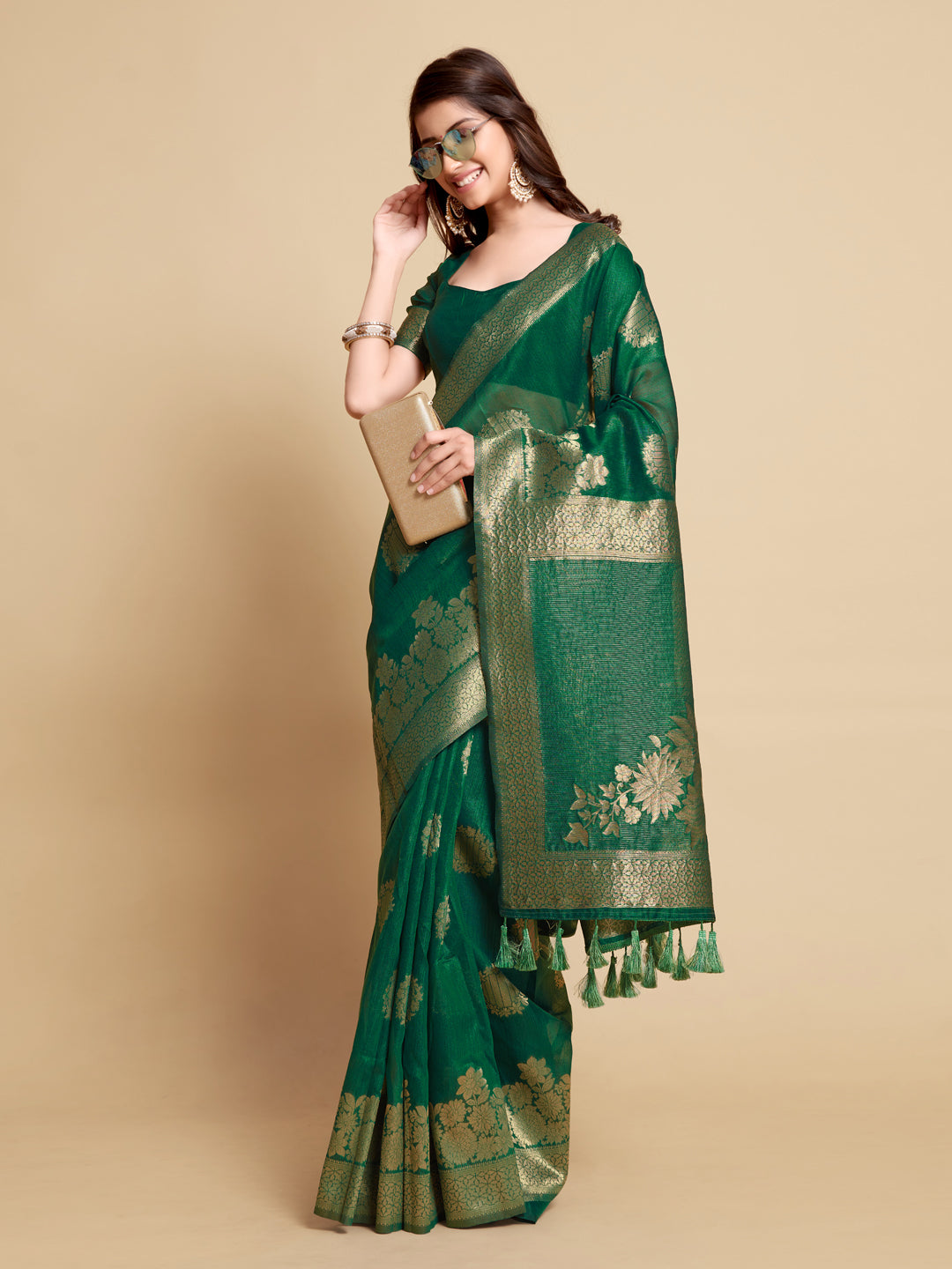 Dhiyona GR Women's Satrangi Leaf Green Zari Woven Design Linen Saree