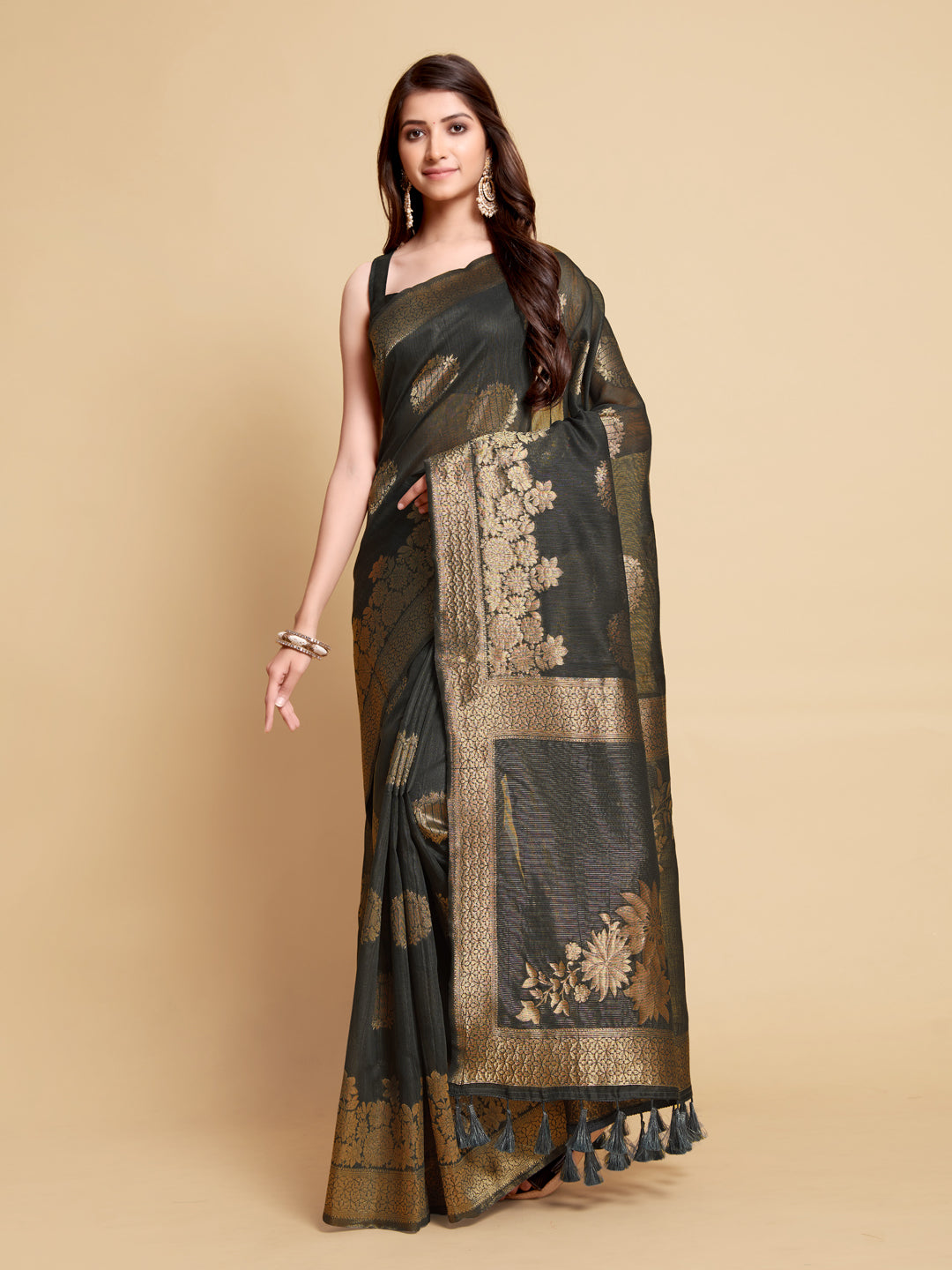 Dhiyona GR Women's Satrangi Alluring Grey Zari Woven Design Linen Saree