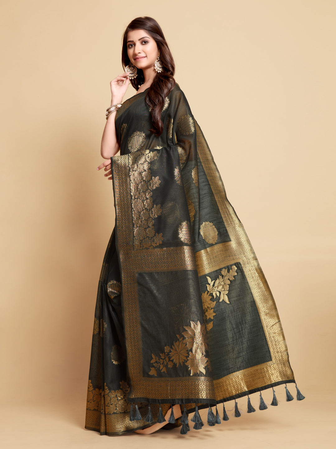 Dhiyona GR Women's Satrangi Alluring Grey Zari Woven Design Linen Saree
