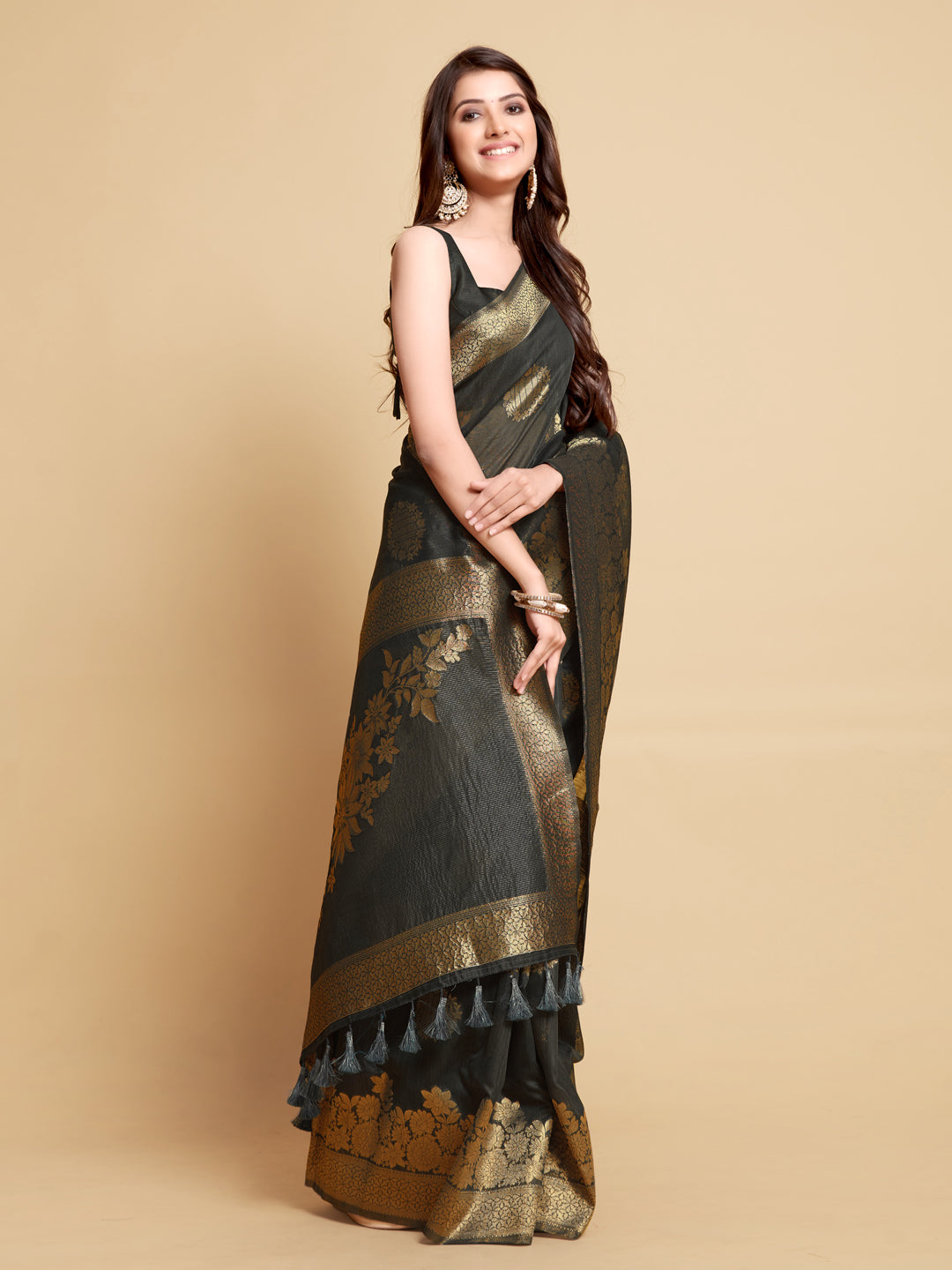 Dhiyona GR Women's Satrangi Alluring Grey Zari Woven Design Linen Saree