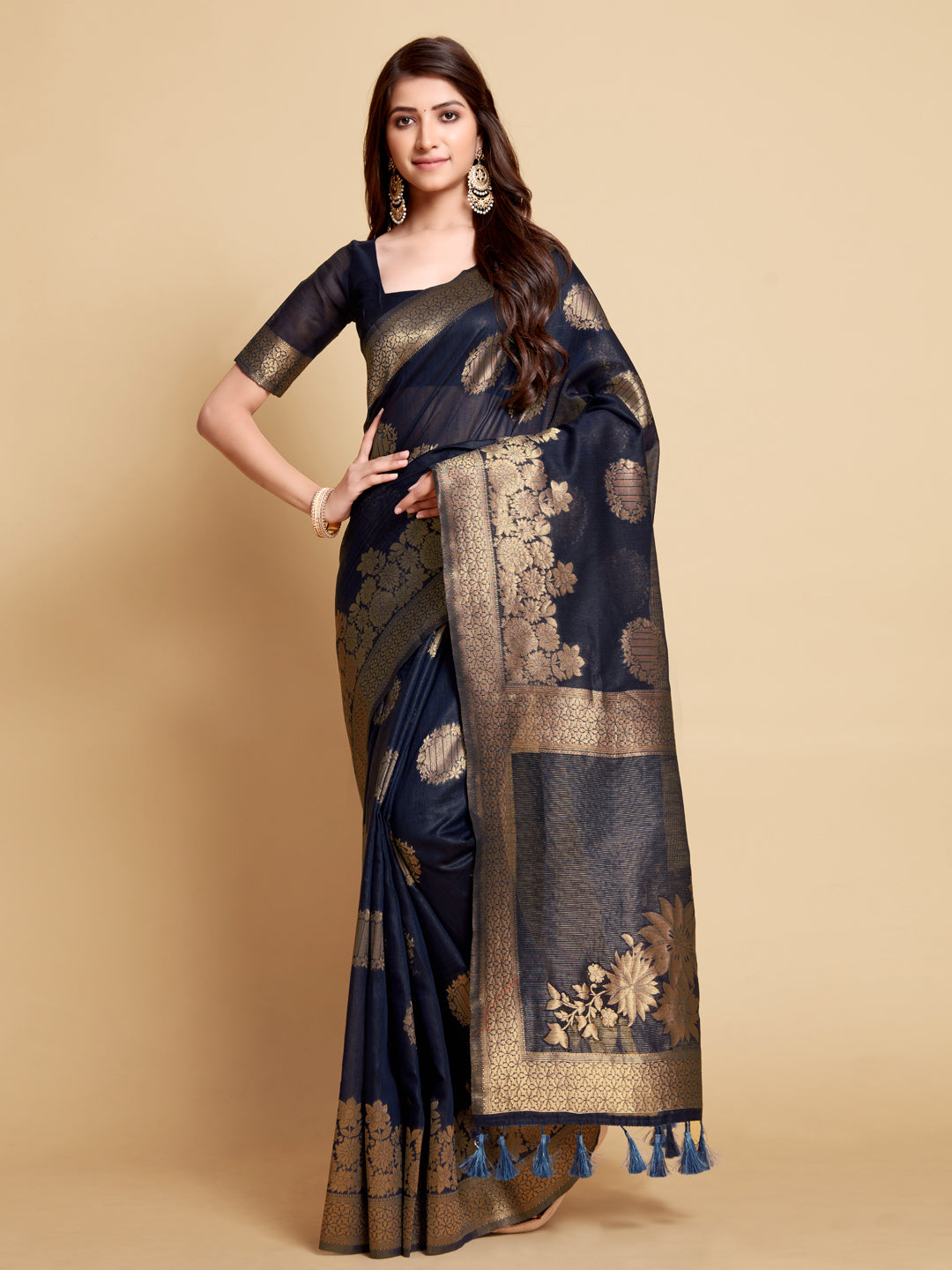 Dhiyona GR Women's Satrangi Admiral Blue Zari Woven Design Linen Saree