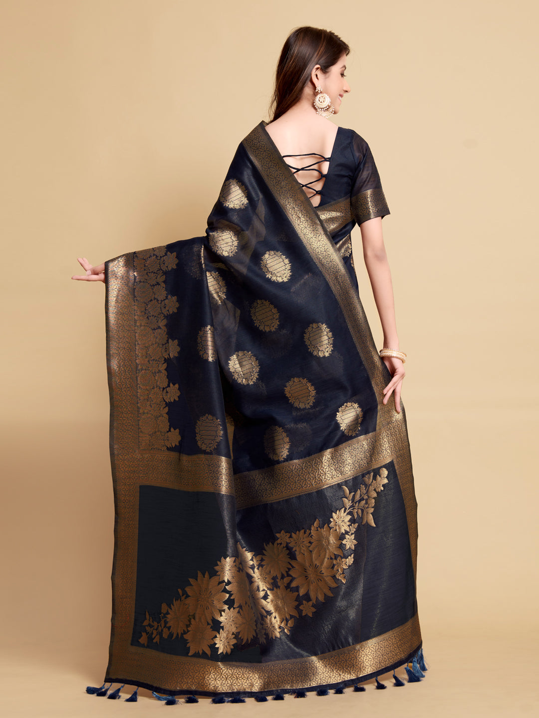 Dhiyona GR Women's Satrangi Admiral Blue Zari Woven Design Linen Saree