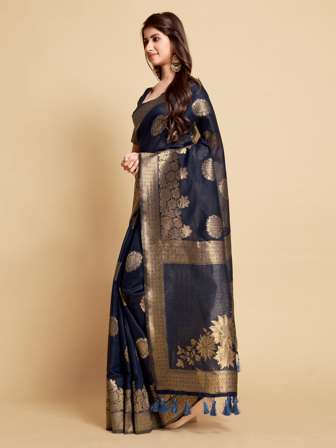 Dhiyona GR Women's Satrangi Admiral Blue Zari Woven Design Linen Saree