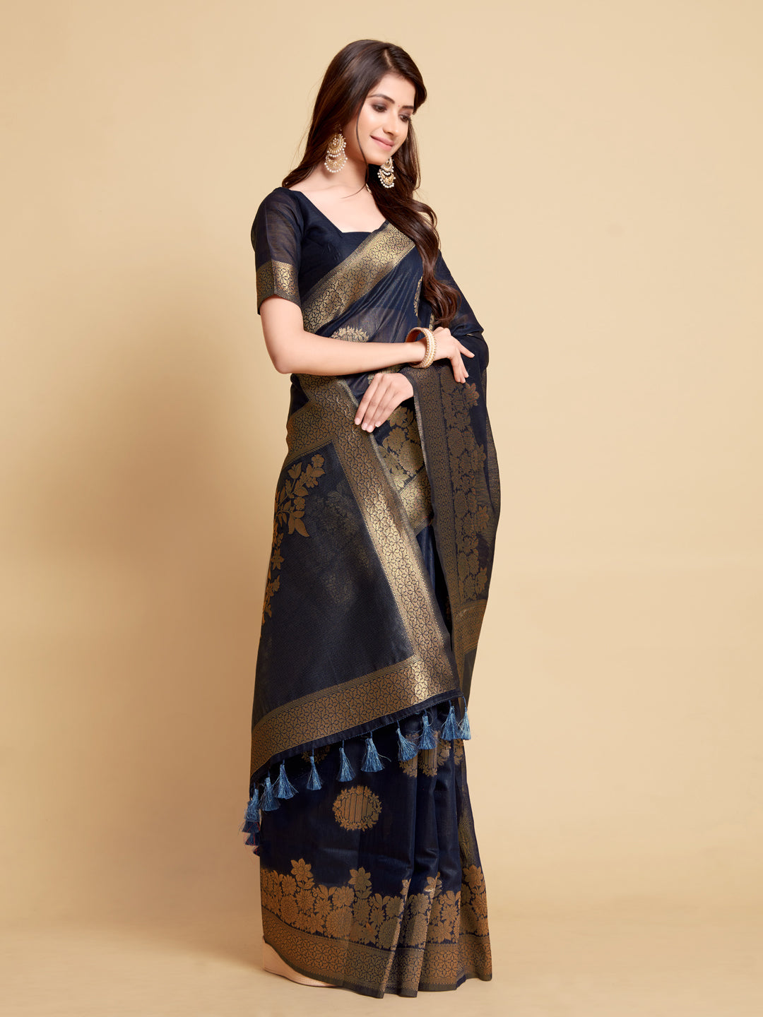 Dhiyona GR Women's Satrangi Admiral Blue Zari Woven Design Linen Saree