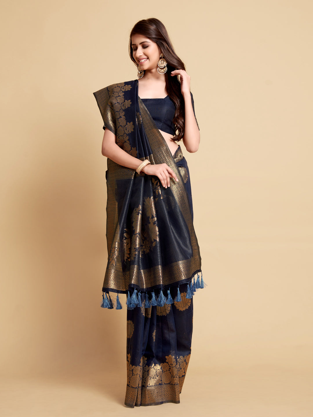 Dhiyona GR Women's Satrangi Admiral Blue Zari Woven Design Linen Saree