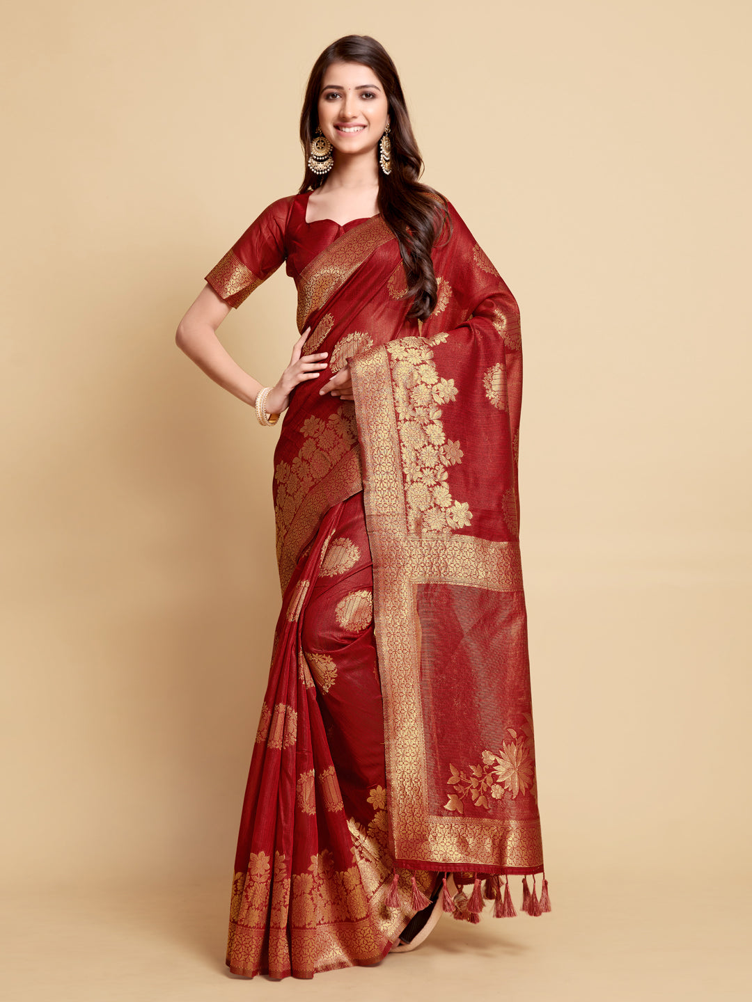 Dhiyona GR Women's Satrangi Chilli Red Zari Woven Design Linen Saree