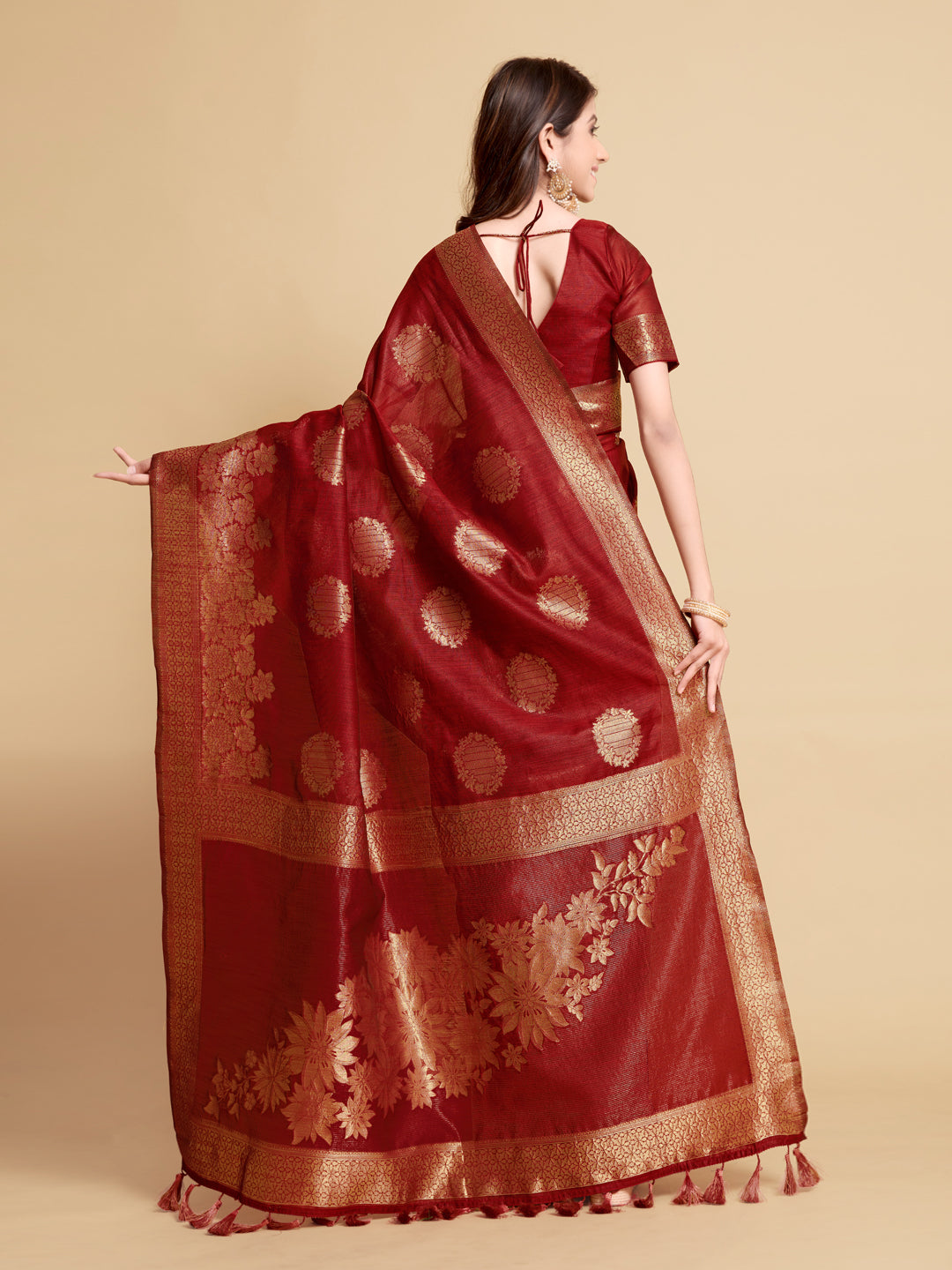 Dhiyona GR Women's Satrangi Chilli Red Zari Woven Design Linen Saree