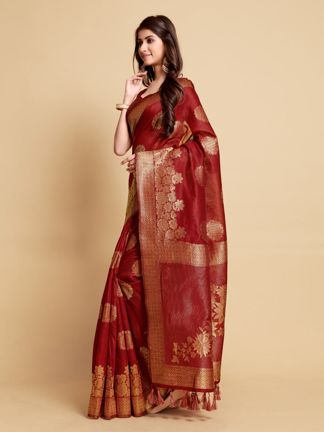 Dhiyona GR Women's Satrangi Chilli Red Zari Woven Design Linen Saree