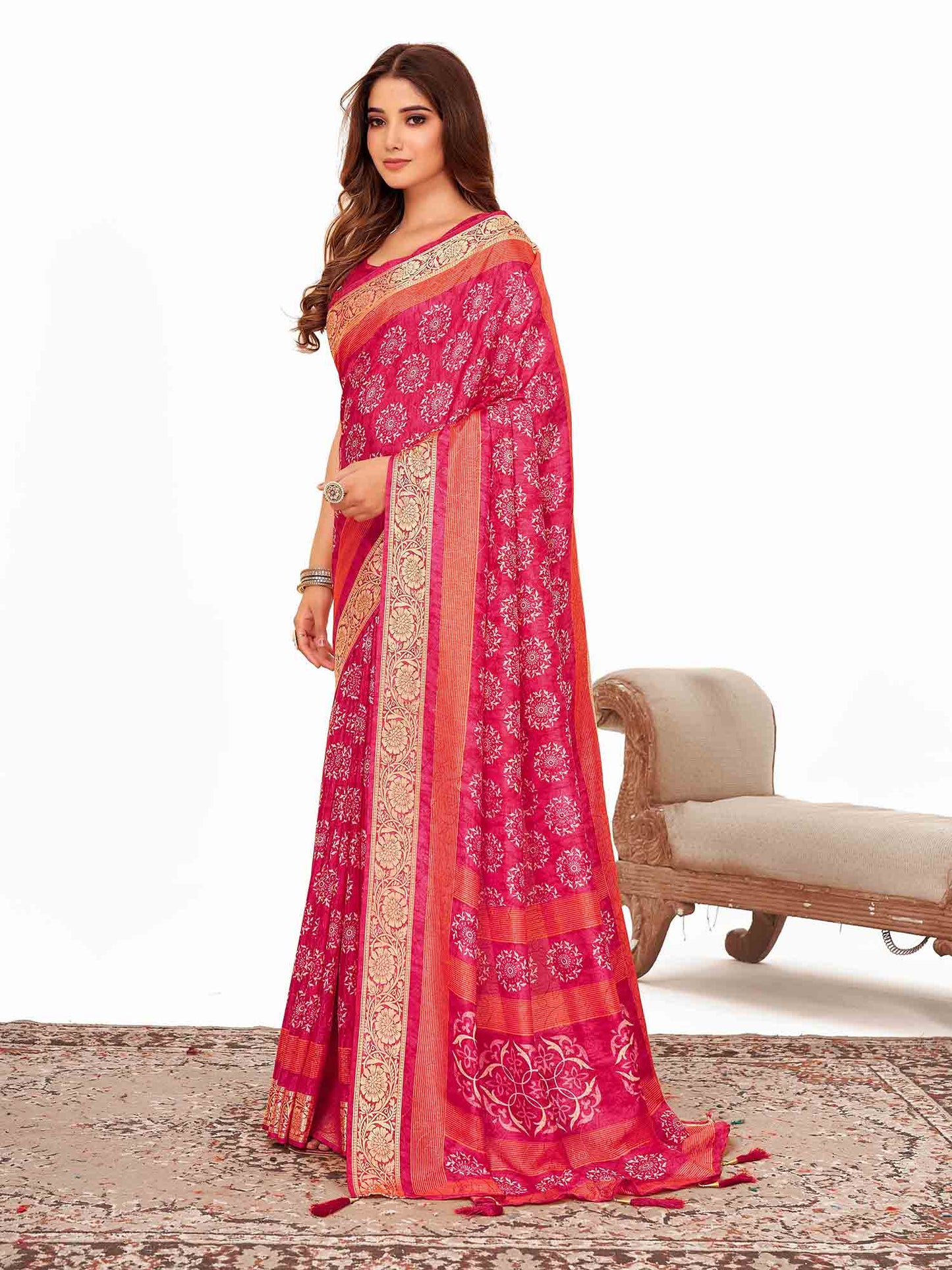 Women's Dola Silk Pink Printed Designer Saree With Blouse Piece
