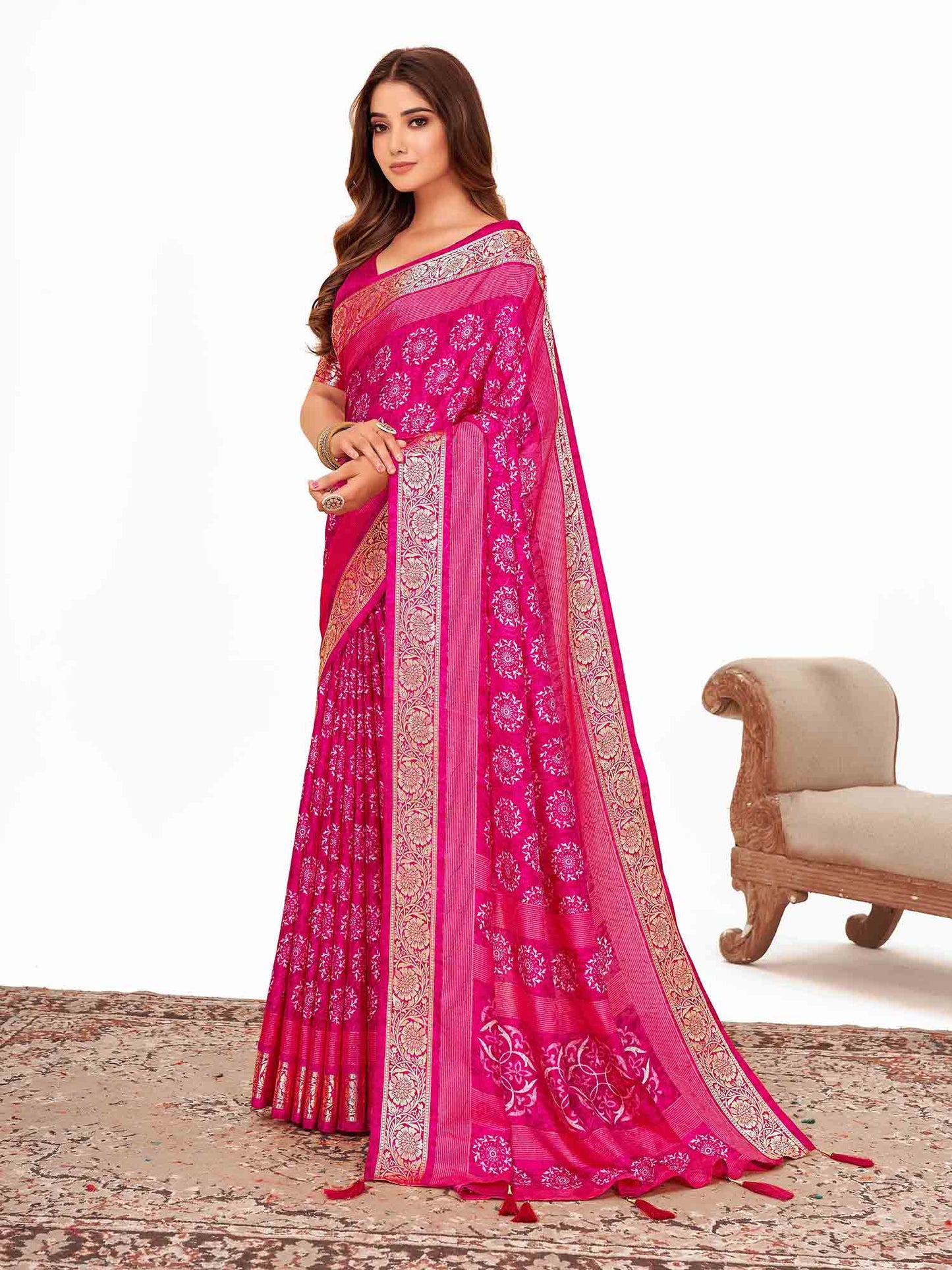 Women's Dola Silk Pink Printed Designer Saree With Blouse Piece