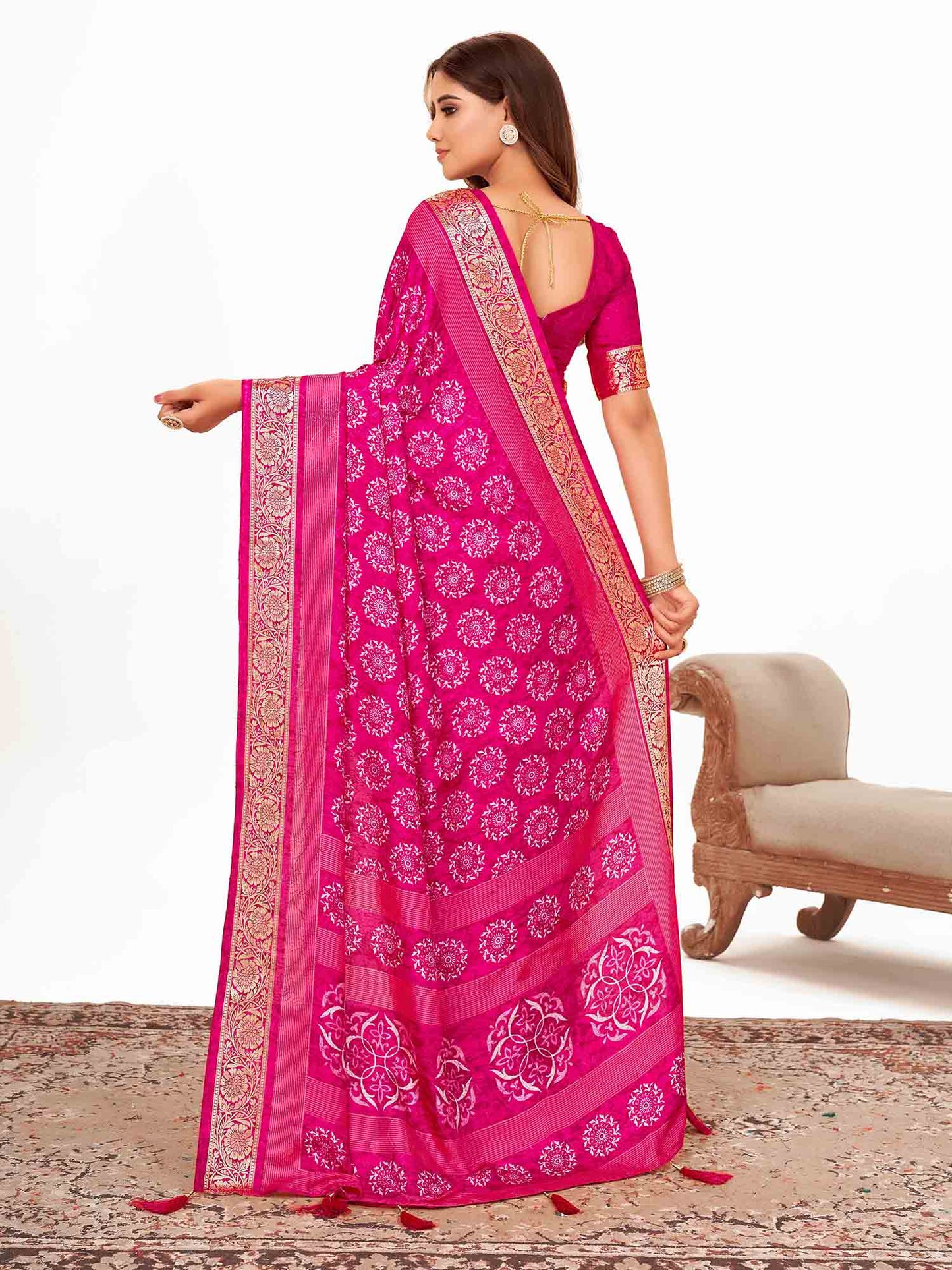 Women's Dola Silk Pink Printed Designer Saree With Blouse Piece