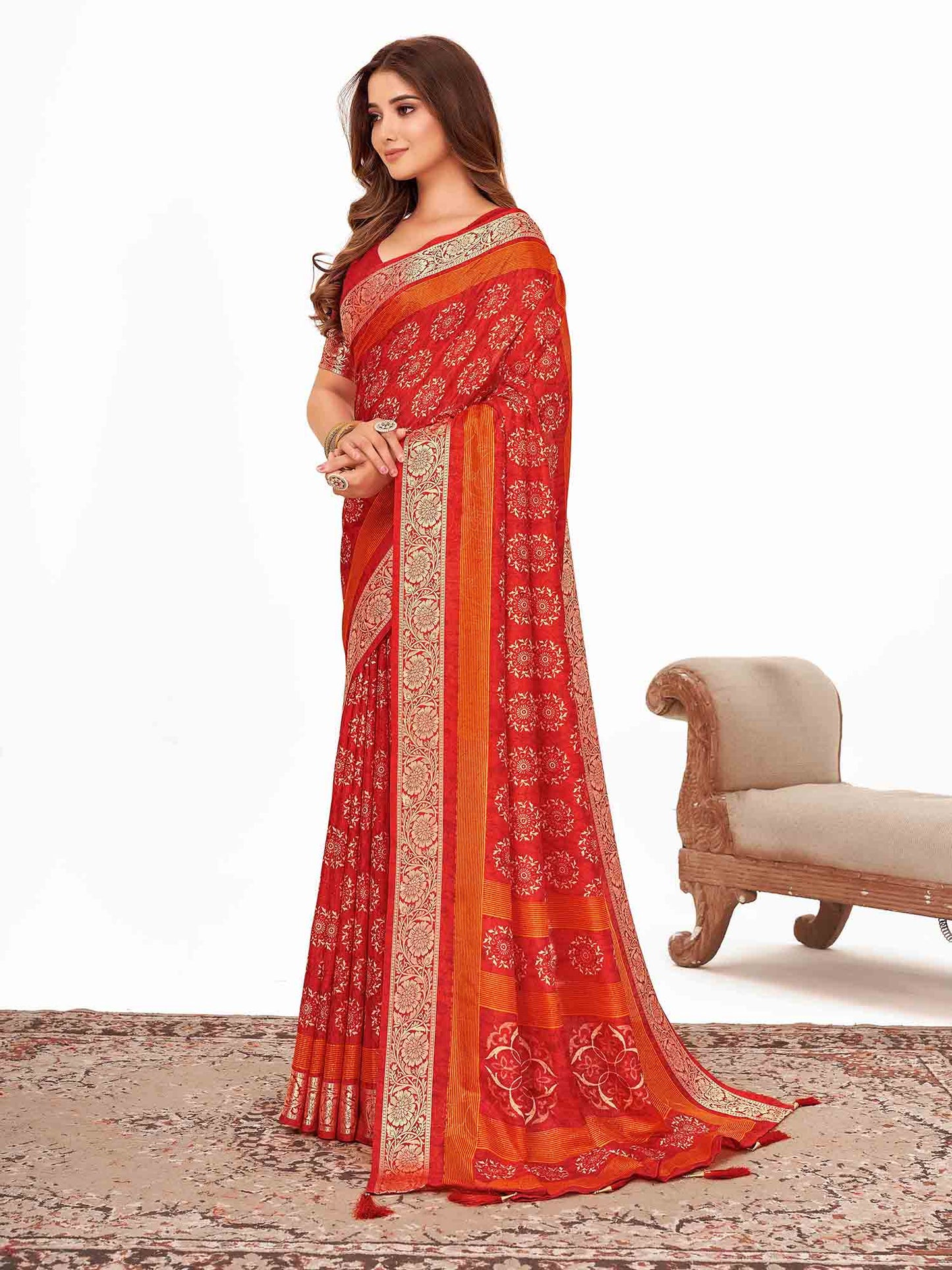 Women's Dola Silk Red Printed Designer Saree With Blouse Piece