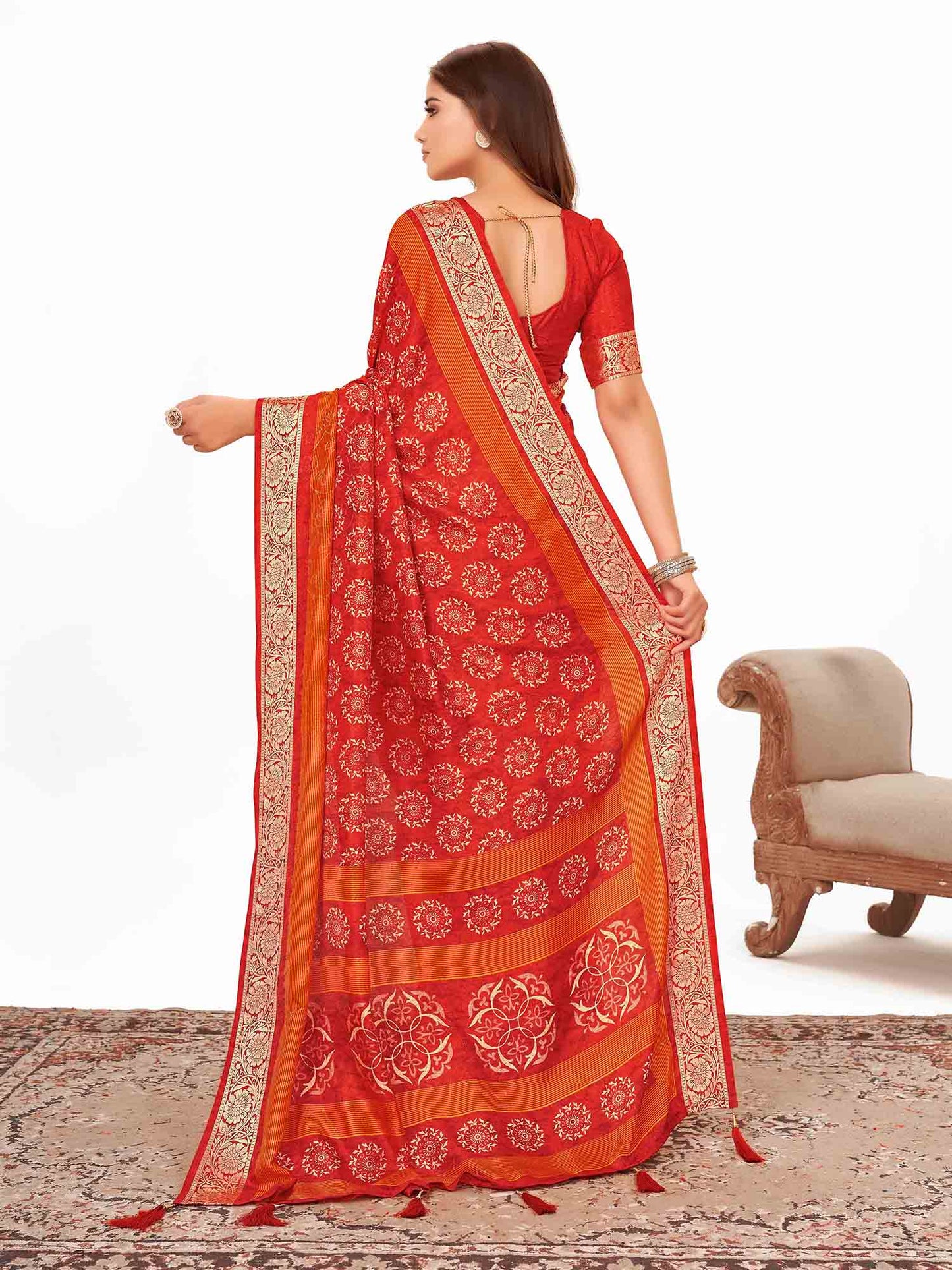 Women's Dola Silk Red Printed Designer Saree With Blouse Piece