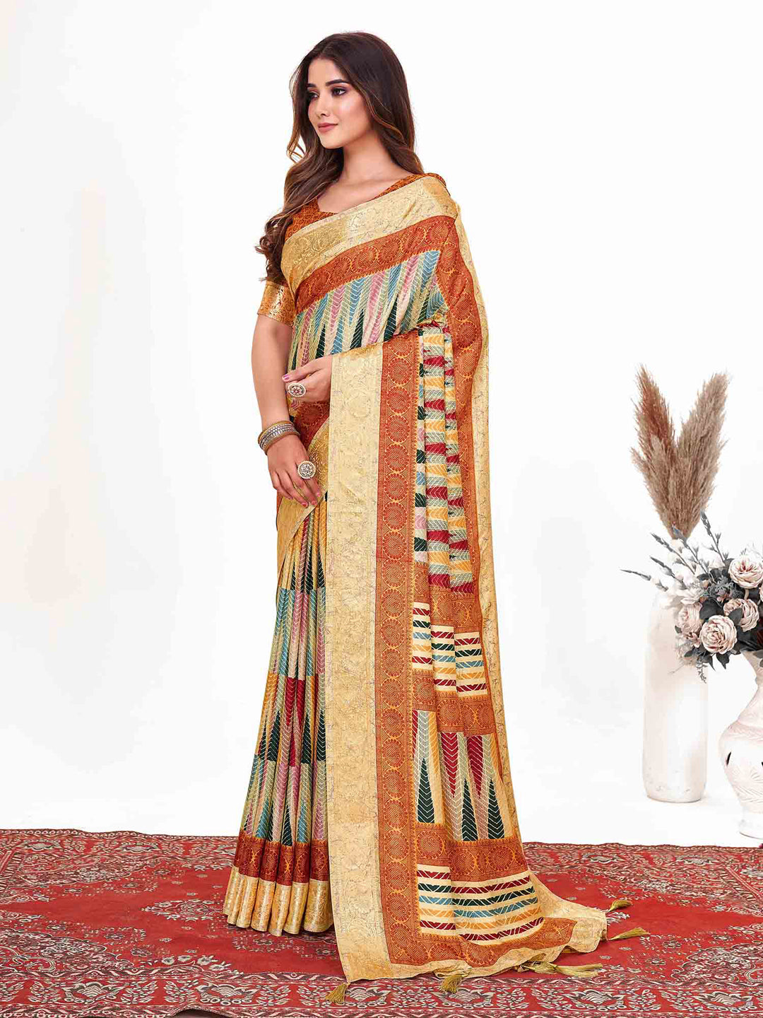Women's Dola Silk Rust Printed Designer Saree With Blouse Piece