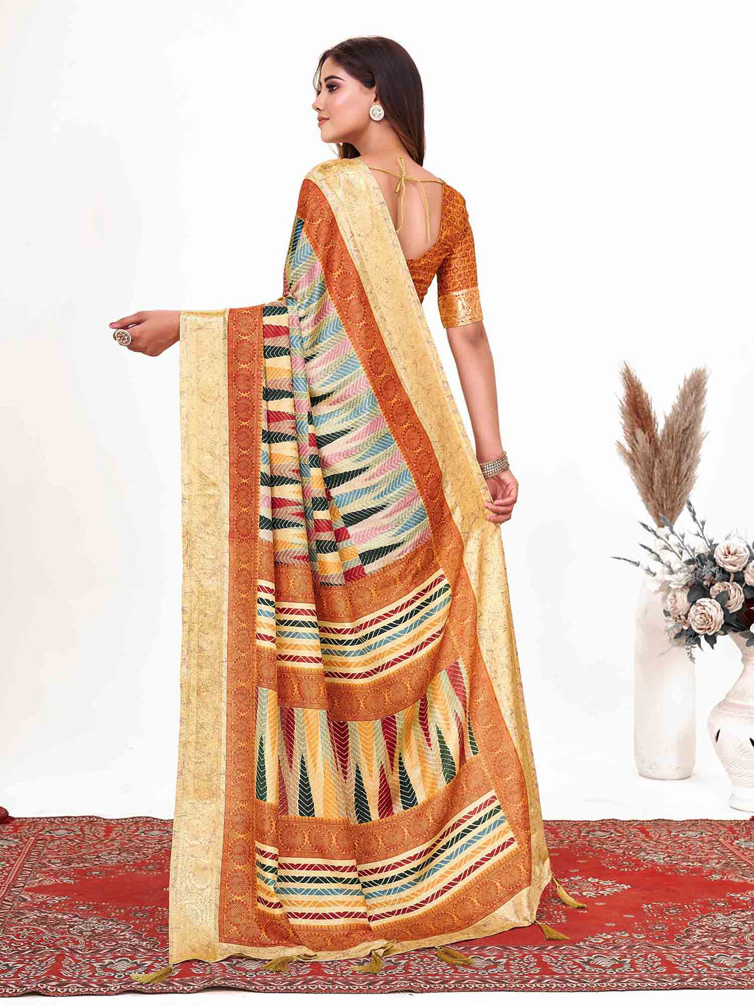 Women's Dola Silk Rust Printed Designer Saree With Blouse Piece