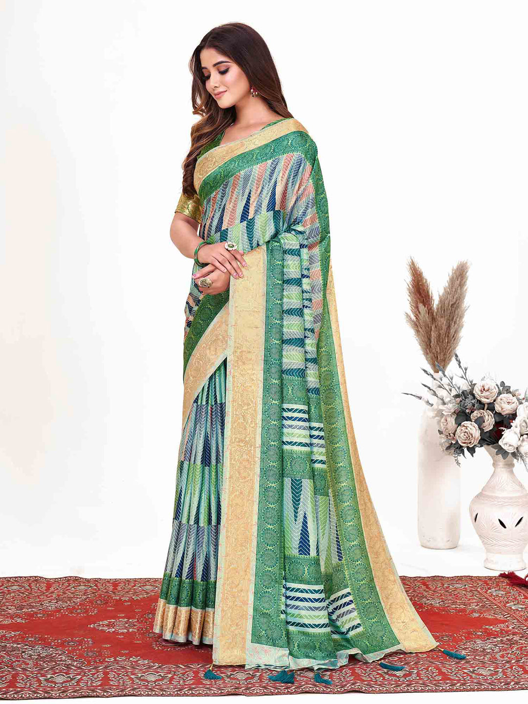 Women's Dola Silk Green Printed Designer Saree With Blouse Piece