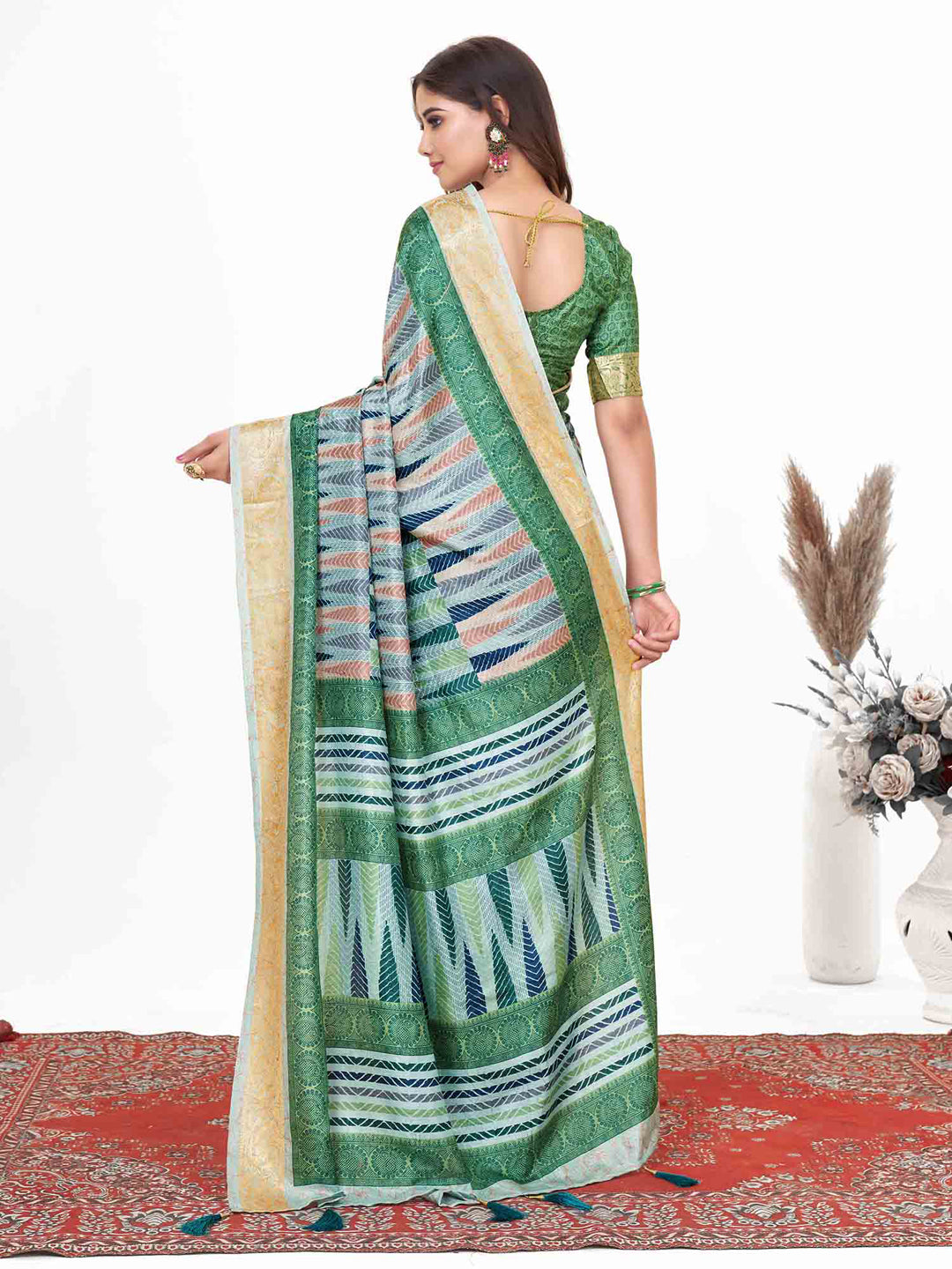Women's Dola Silk Green Printed Designer Saree With Blouse Piece
