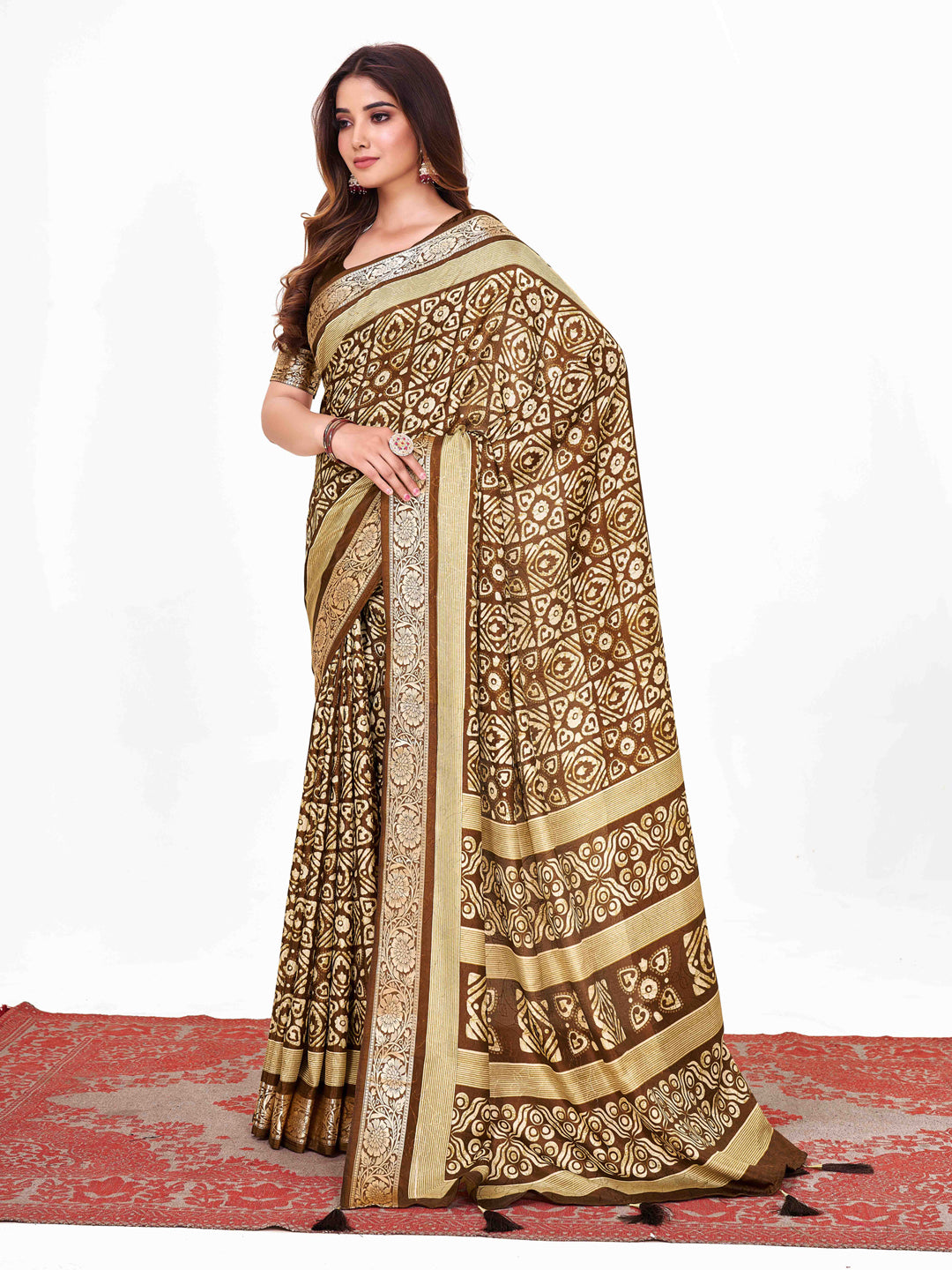 Women's Dola Silk Brown Printed Designer Saree With Blouse Piece
