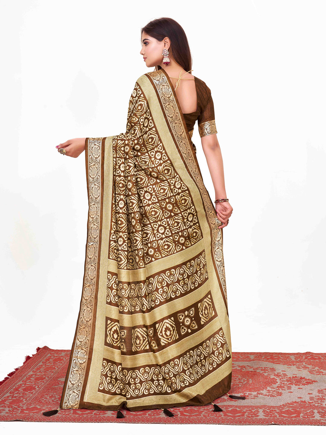 Women's Dola Silk Brown Printed Designer Saree With Blouse Piece