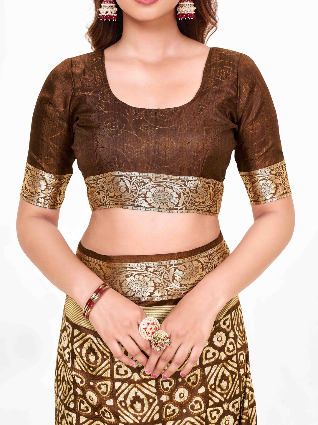Women's Dola Silk Brown Printed Designer Saree With Blouse Piece