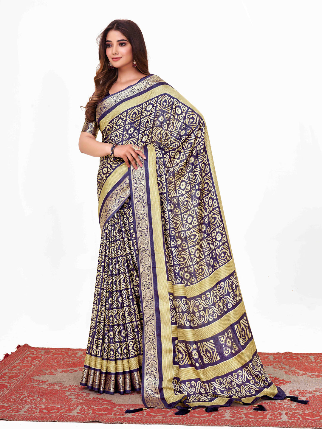 Women's Dola Silk Navy Blue Printed Designer Saree With Blouse Piece