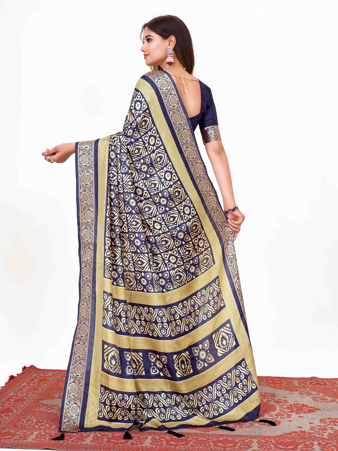 Women's Dola Silk Navy Blue Printed Designer Saree With Blouse Piece