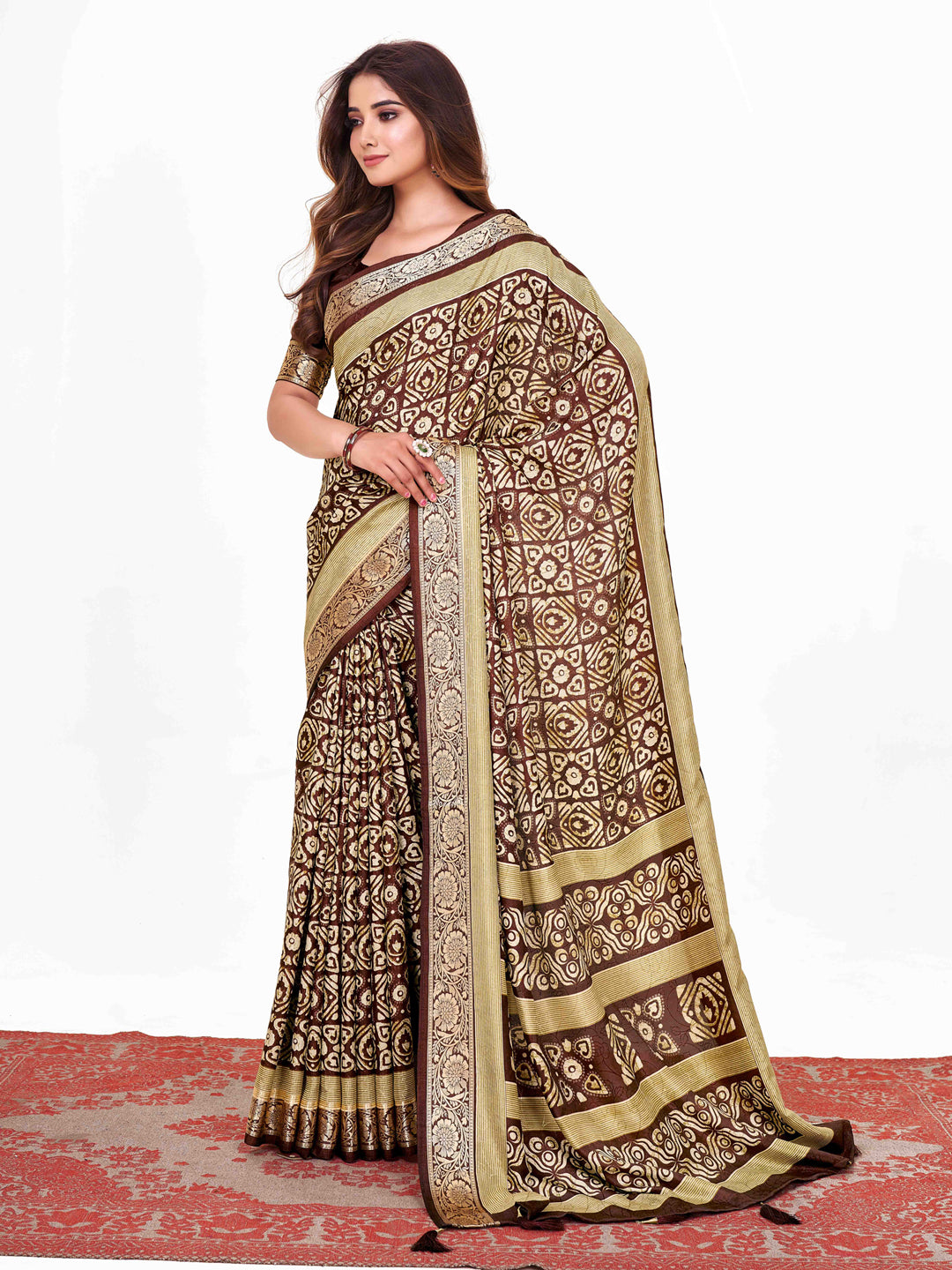 Women's Dola Silk Coffee Brown Printed Designer Saree With Blouse Piece