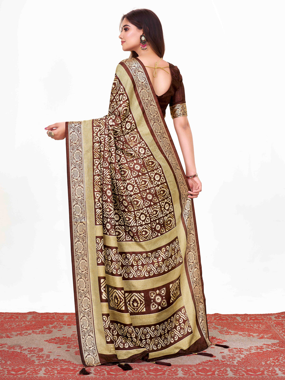 Women's Dola Silk Coffee Brown Printed Designer Saree With Blouse Piece