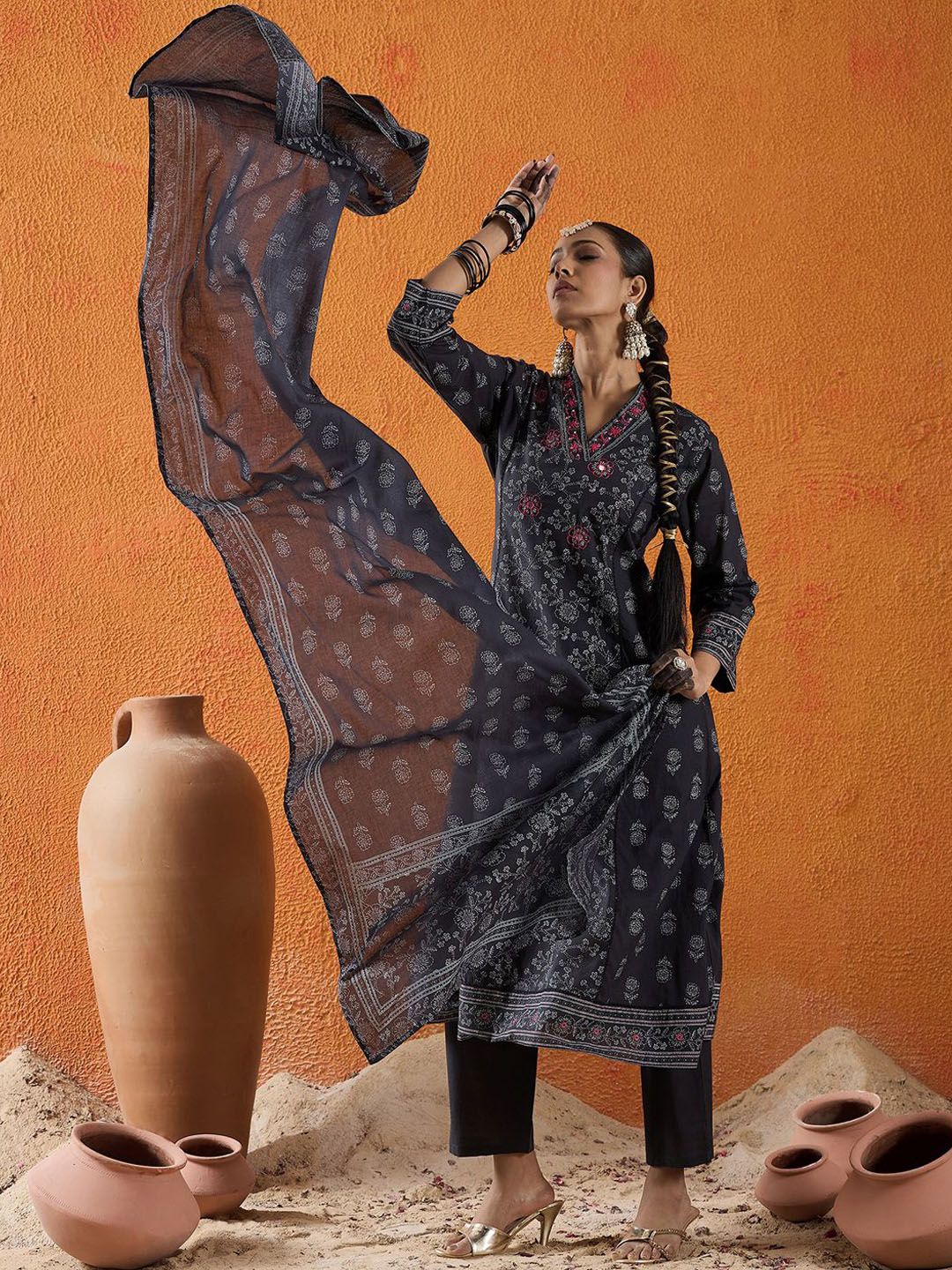 Dhiyona IE Floral Printed Mirror Work Pure Cotton A-Line Kurta With Trousers & Dupatta