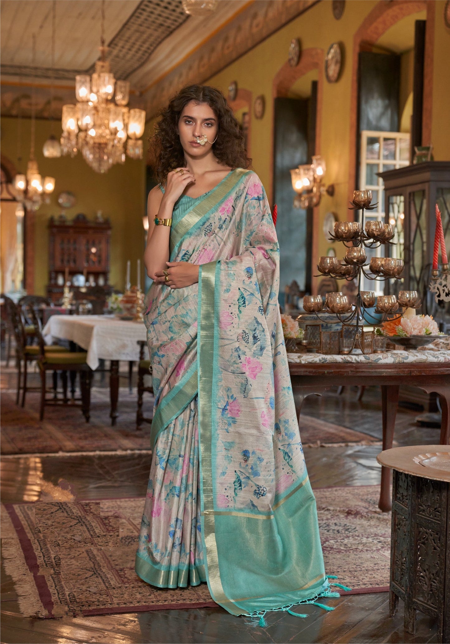 Dhiyona GR Women's Sea Green & Grey Banarasi Digital Soft Silk Saree
