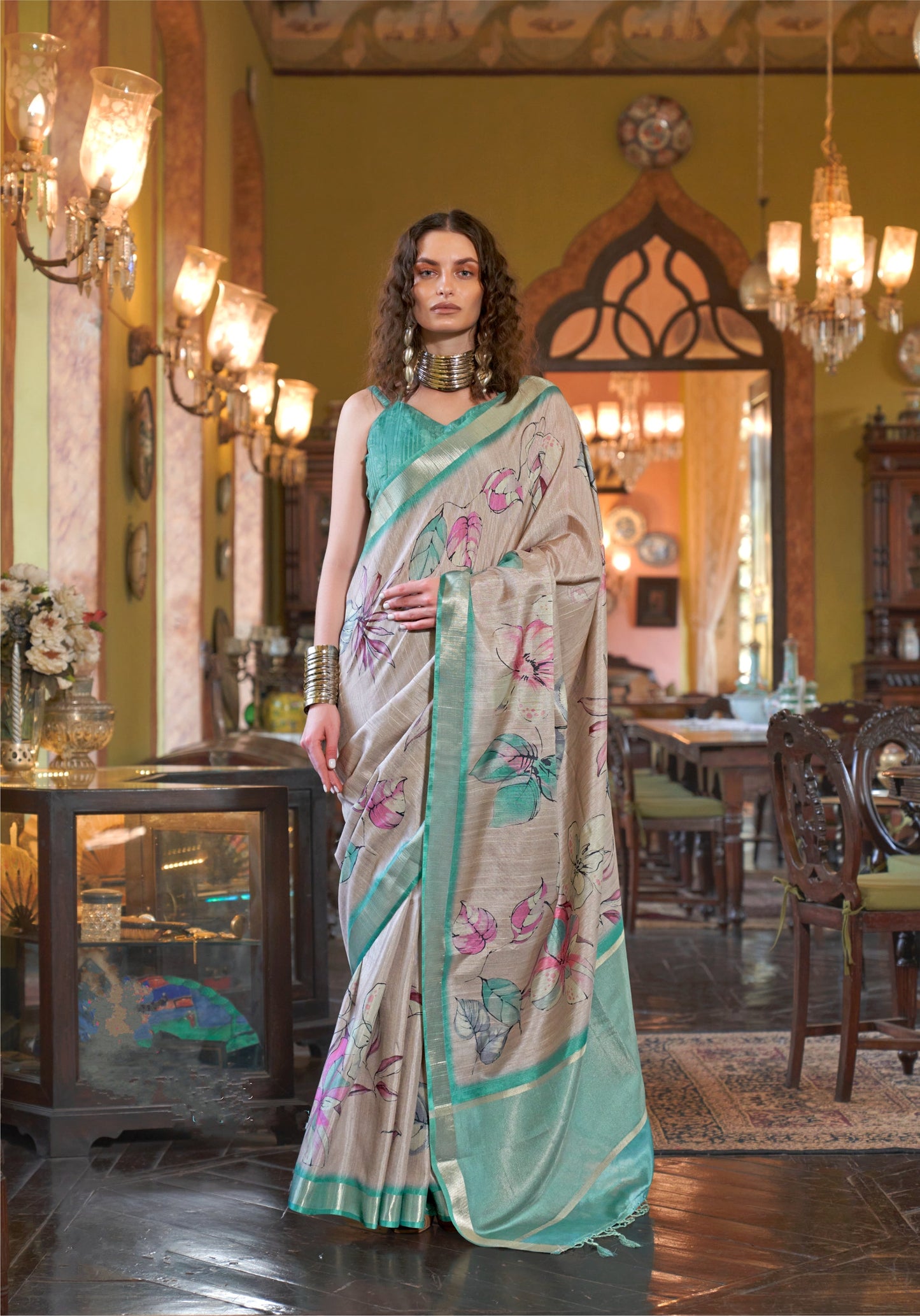 Dhiyona GR Women's Deep Sea Green & Grey Banarasi Digital Soft Silk Saree