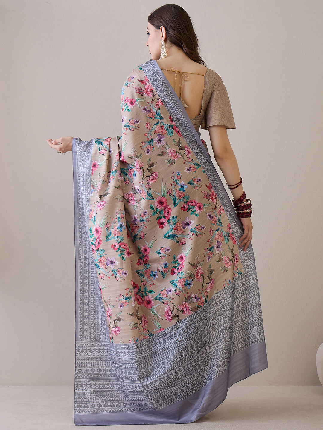 Women's Silk Blend Beige Printed Designer Saree With Blouse Piece
