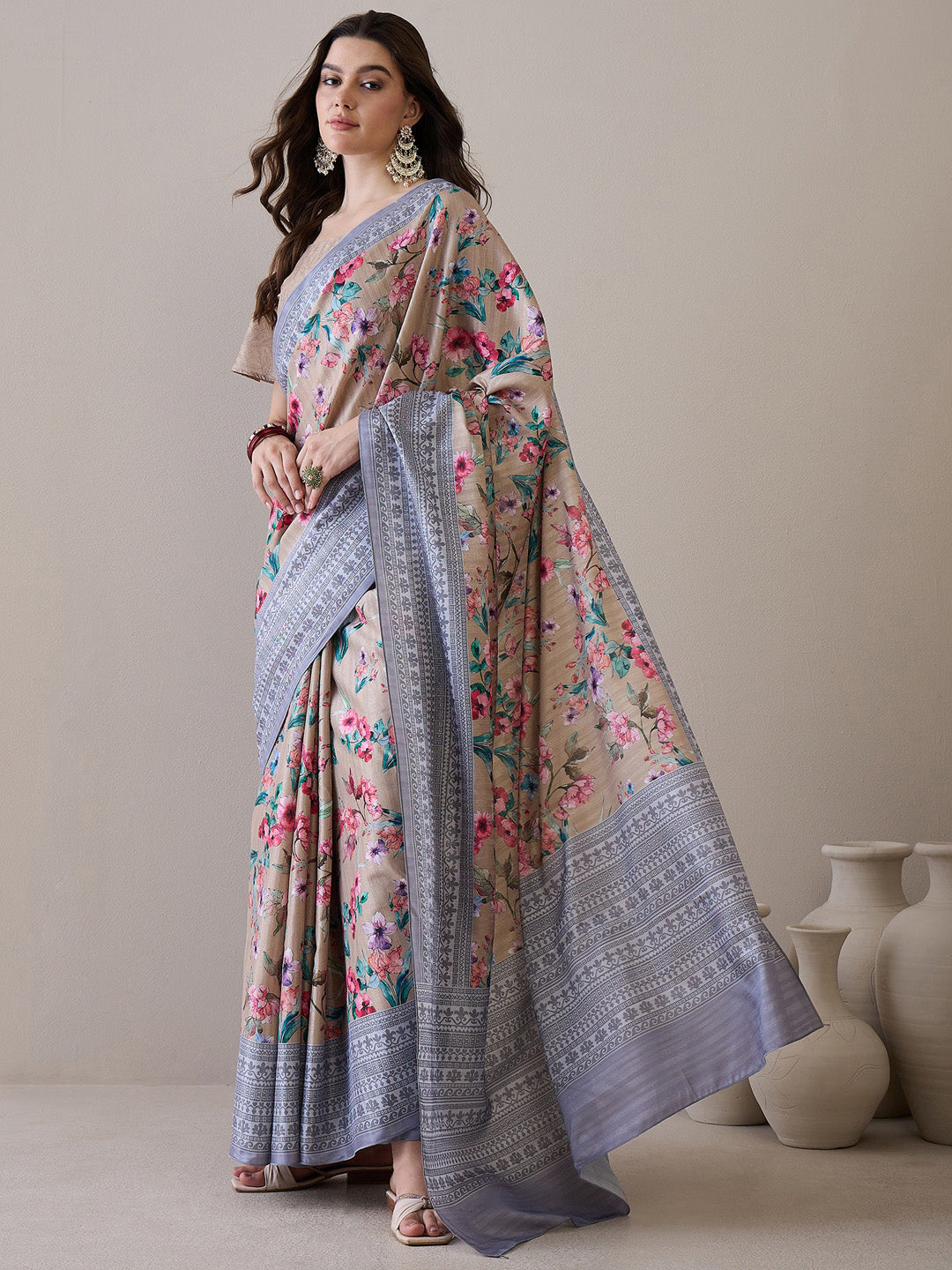 Women's Silk Blend Beige Printed Designer Saree With Blouse Piece