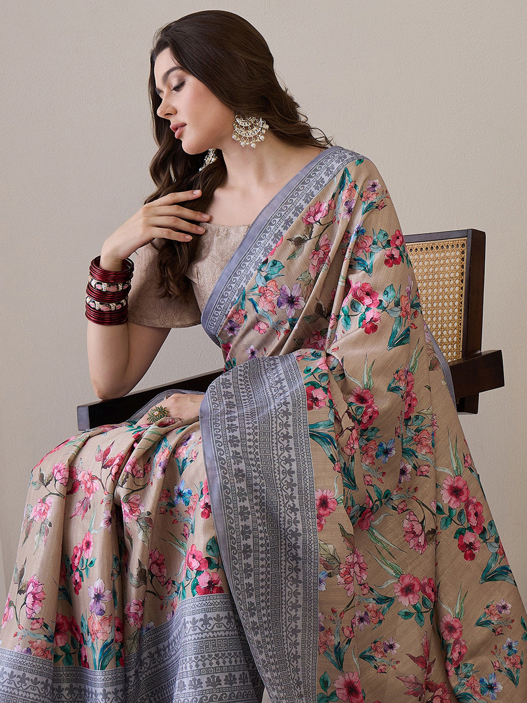 Women's Silk Blend Beige Printed Designer Saree With Blouse Piece