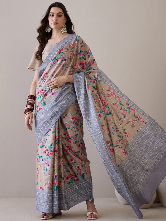 Women's Silk Blend Beige Printed Designer Saree With Blouse Piece