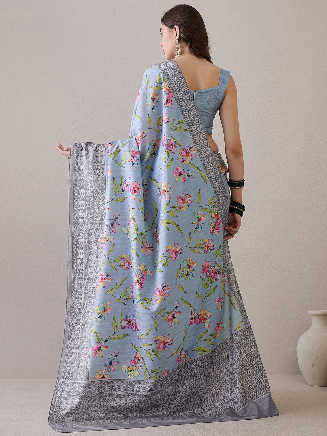Women's Silk Blend Grey Printed Designer Saree With Blouse Piece